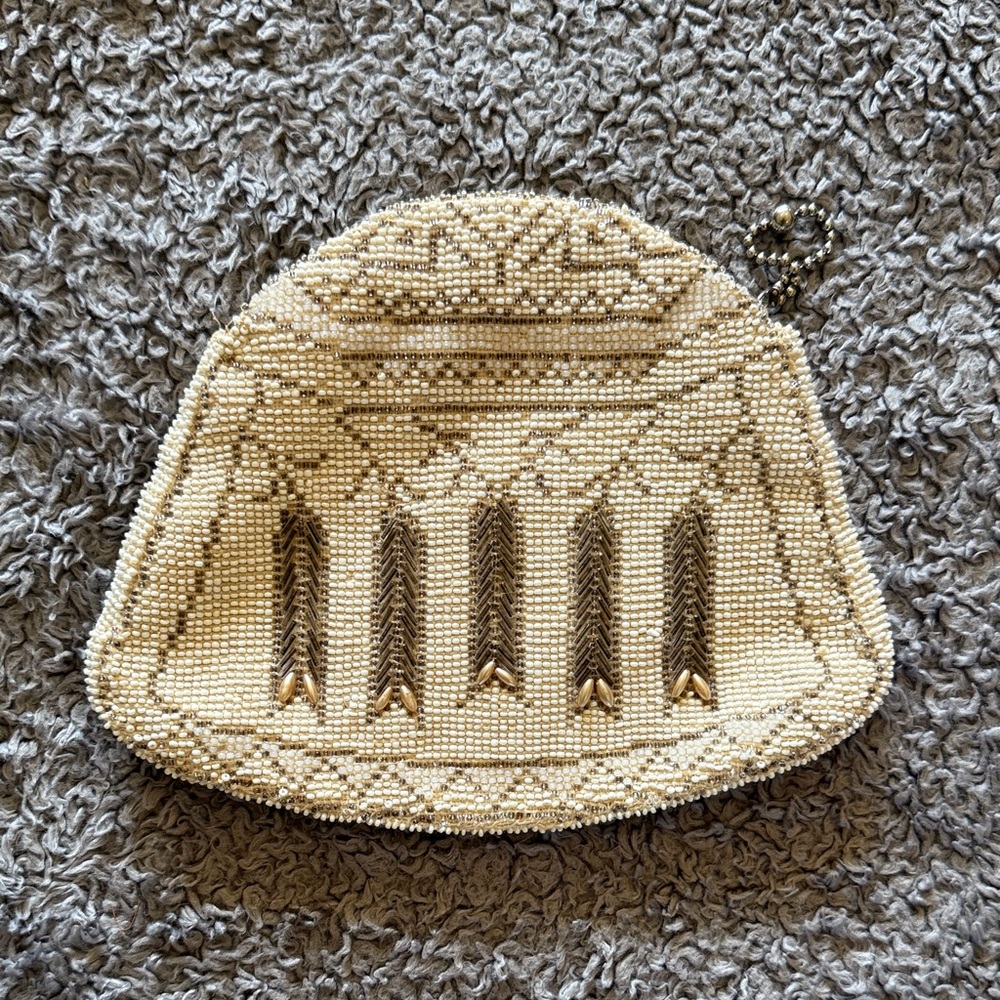 Vintage Ivory Beaded Evening Clutch with Gold Accents